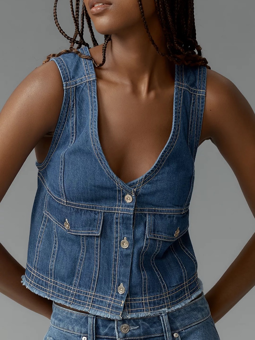 Anthropologie Pilcro Coastal Cutoff V-Neck Denim Top, Denim Dark, Size XXS - Picture 6 of 6